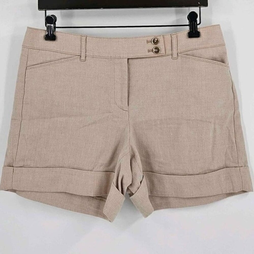 White House Black Market Womens Sz 6 Linen Blend Tan 2 Button Zip Cuffed Shorts
